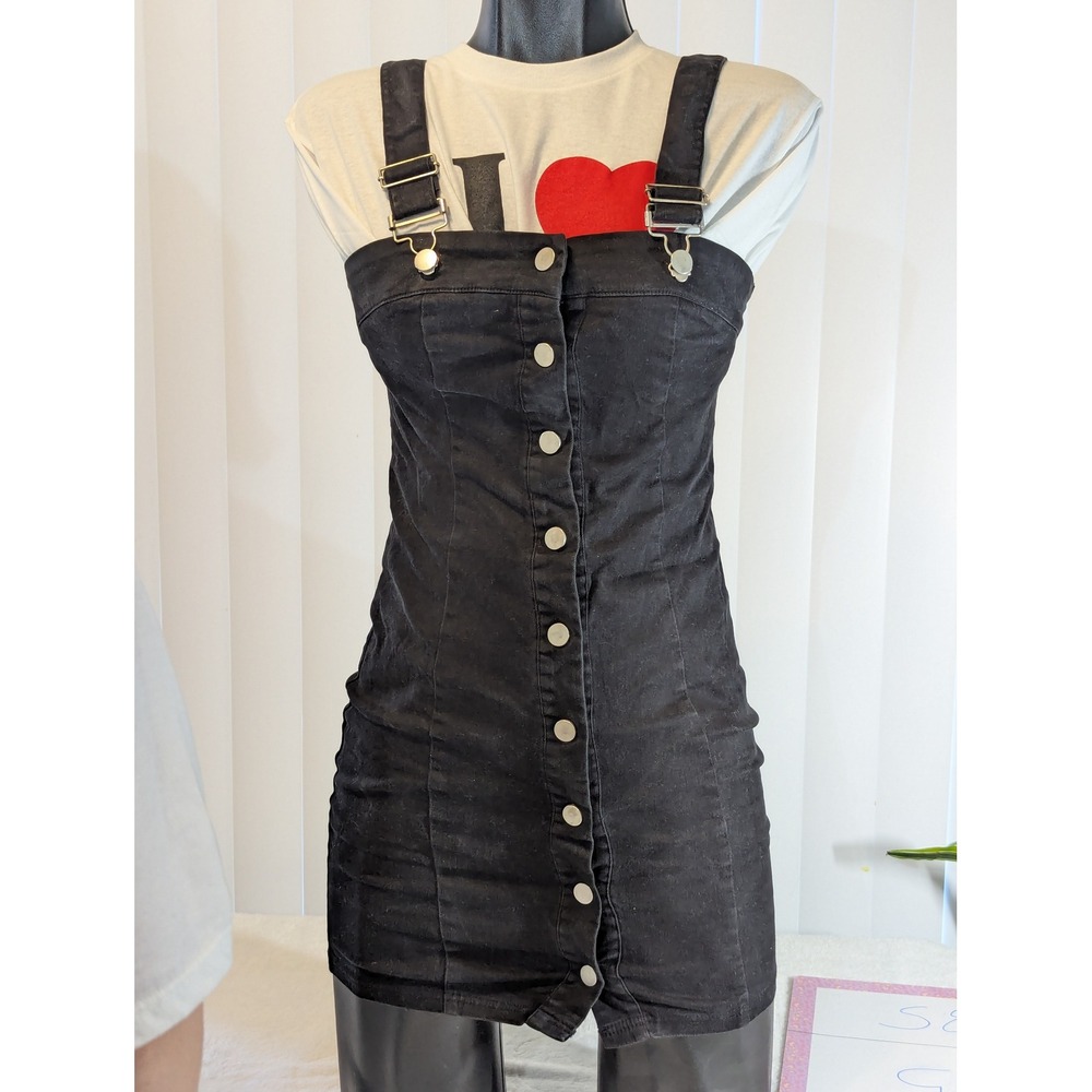 MNI Los Angeles Pinafore Dress Women S Black Good Button Front Mini Denim Style